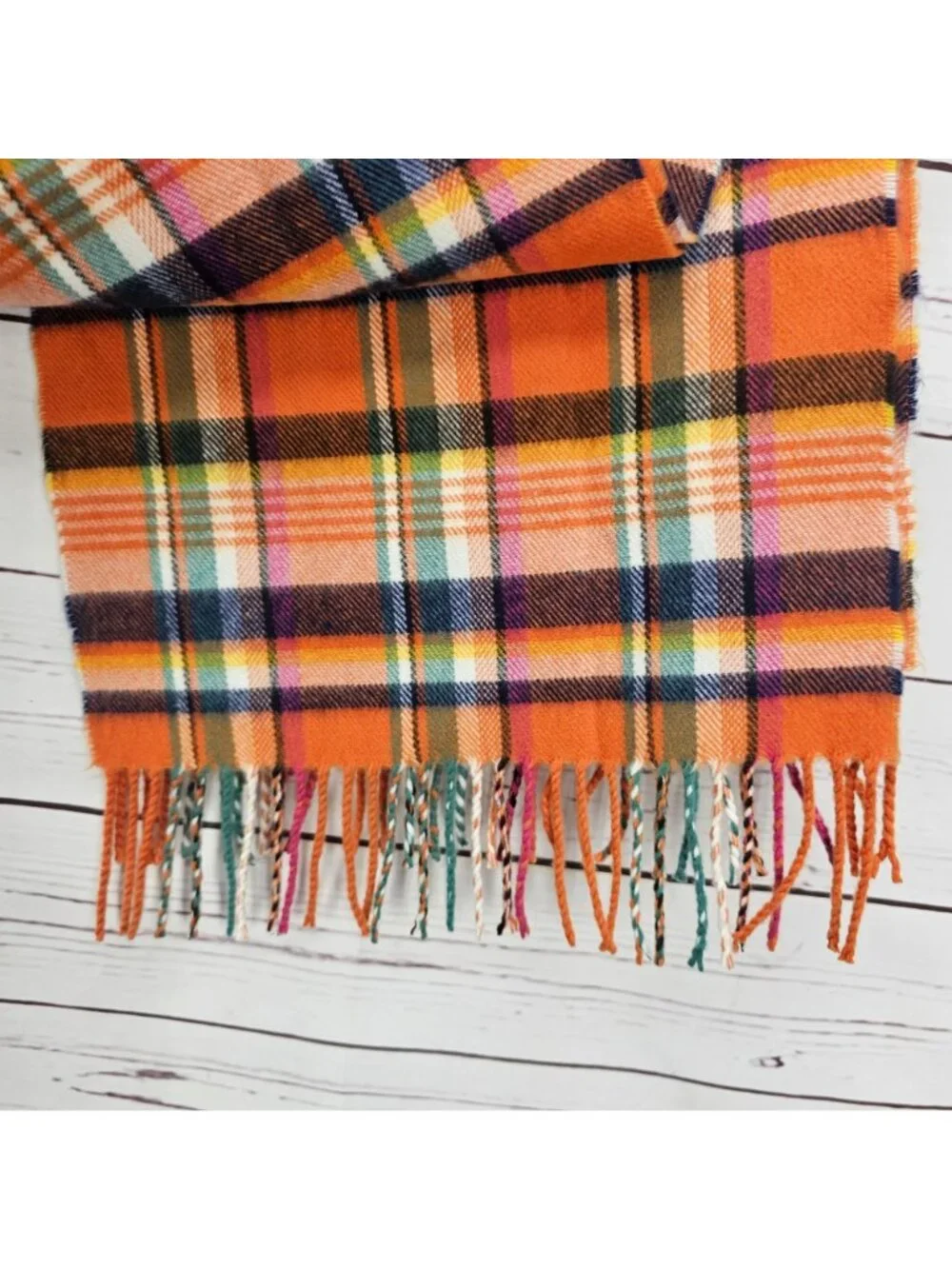 Vintage Payless Shoe Source Plaid Fringe Scarf Orange Multicolor Acrylic